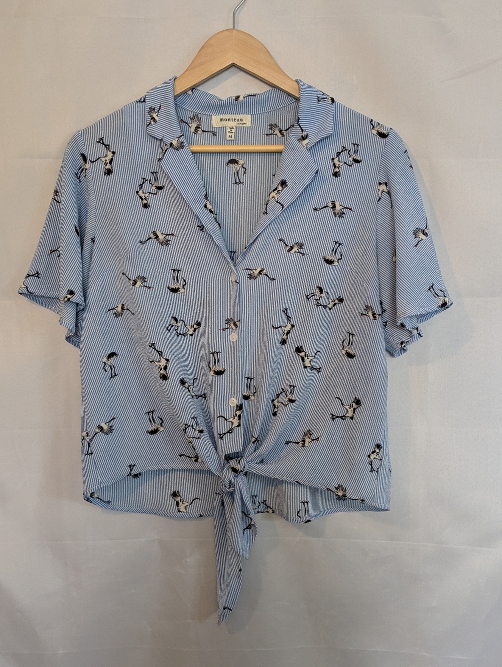 Monteau Light Blue Crane Print Striped Button Down Shirt With Ties
